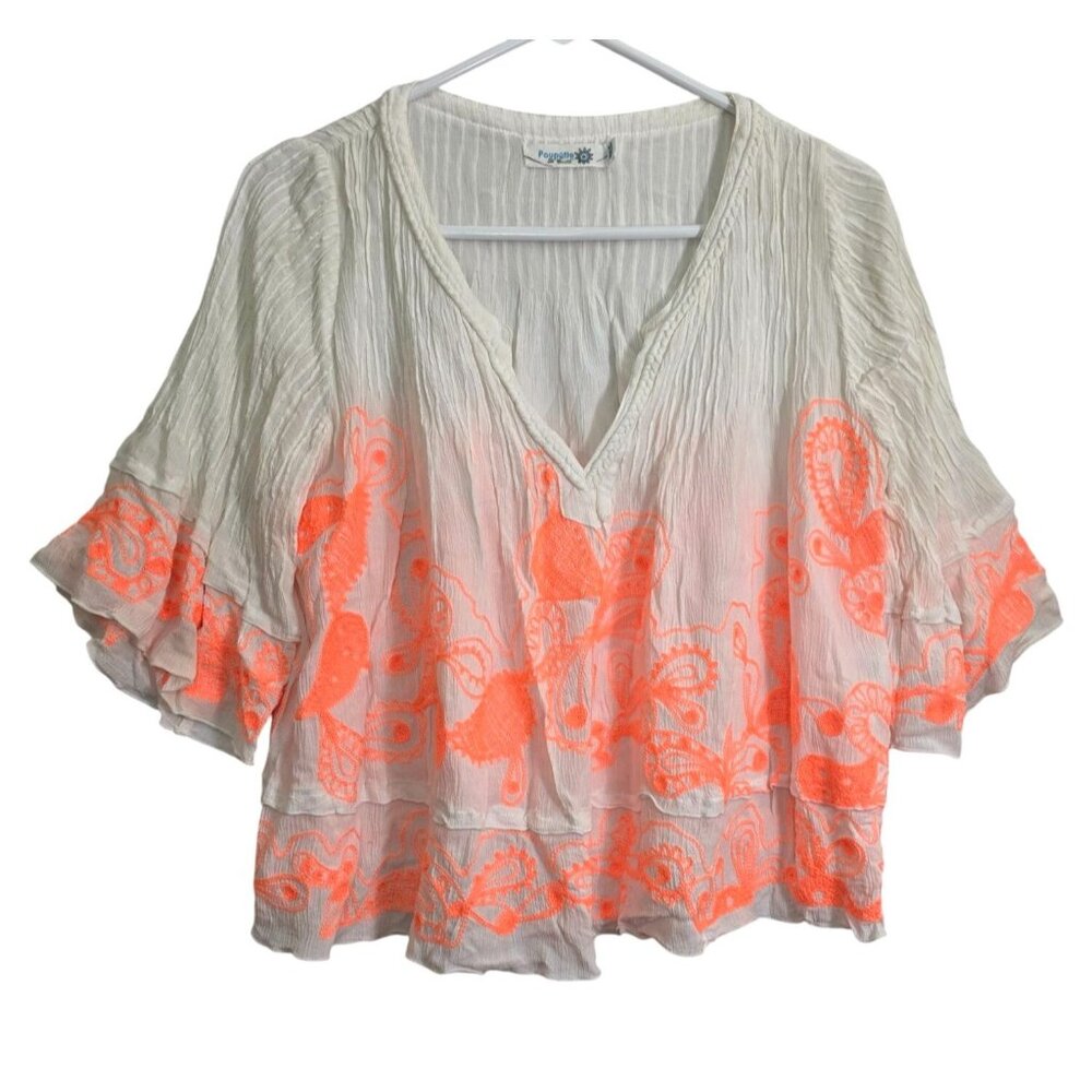 Poupette St. Barth embroidered Top Orange White Vneck Blouse Shirt